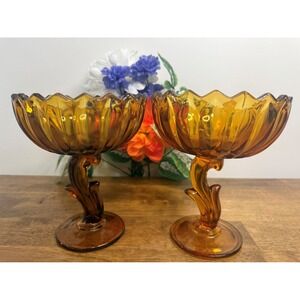 Vintage Indiana Glass Amber Lotus Pedestal Compote Pair‎ MCM Fall Decor Warm